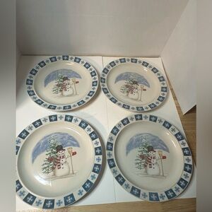 Four Vintage Stoneware Snowman Plates